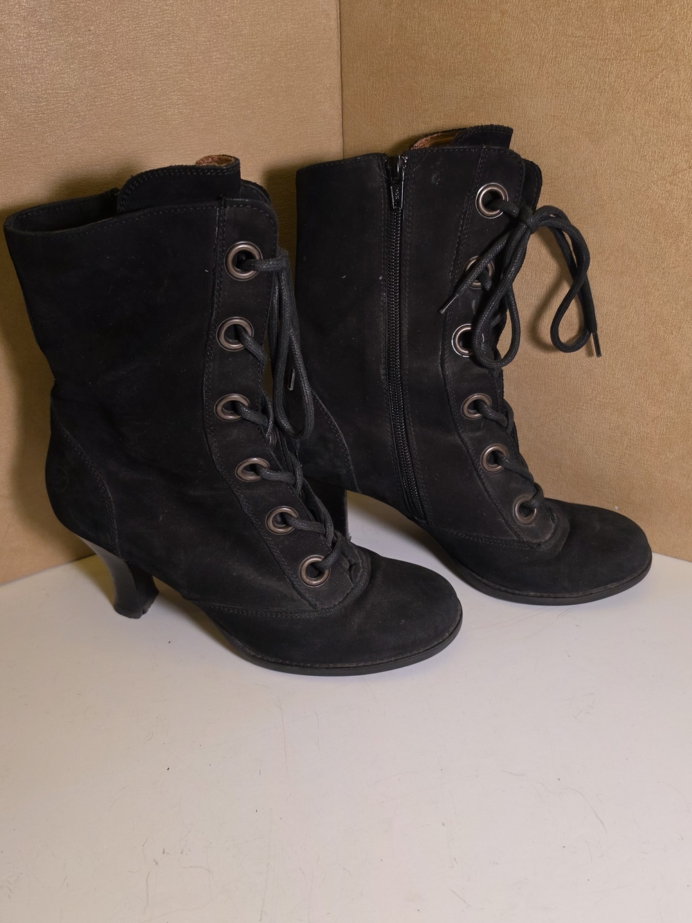 Bronx Black Lace-Up Suede Heeled Ankle Boots